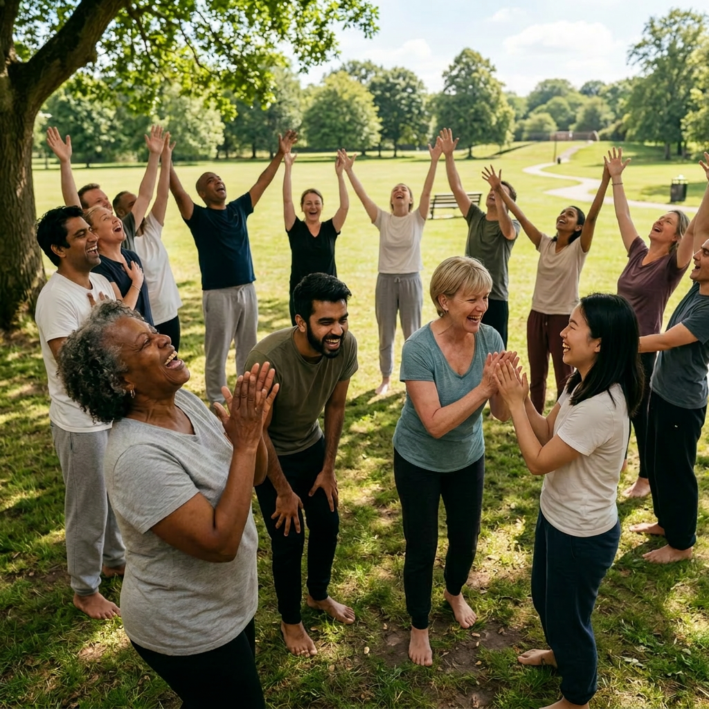 Group of people participating in laughter yoga exercise indoors